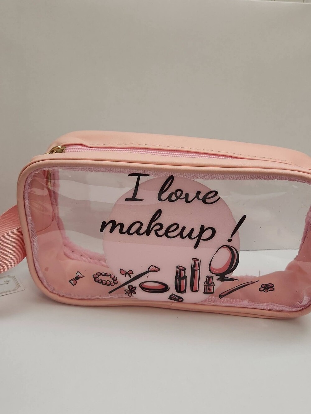Pink Clear Makeup Bag with 'I love makeup' Print
